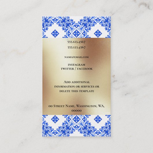 Moderne blauwe witte tegels goudplein - middelland visitekaartje (Achterkant)