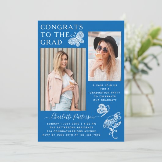 Moderne Blauwe Witte Vlinder Foto Graduation Party Kaart (Staand voorkant)