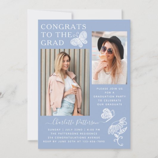 Moderne Blauwe Witte Vlinder Foto Graduation Party Kaart (Voorkant)