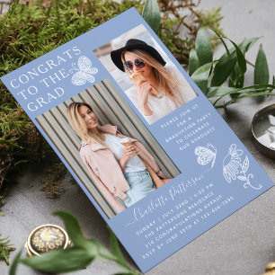 Moderne Blauwe Witte Vlinder Foto Graduation Party Kaart