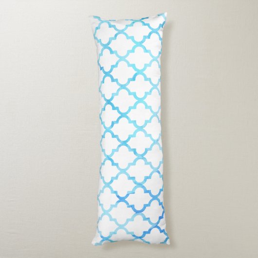 Moderne blauwe witte waterverf quatrefoliepatroon lichaamskussen (Achterkant (Verticaal))