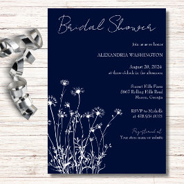 Moderne Blauwe & Witte Wilde Bloemen Bruidsdouche Kaart