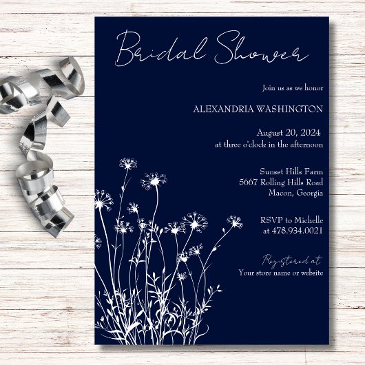 Moderne Blauwe & Witte Wilde Bloemen Bruidsdouche Kaart