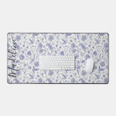 Moderne  Blauwe & Witte Wildflower Aangepaste Naam Bureaumat (Keyboard & Muis)