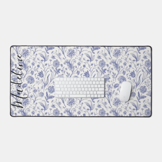 Moderne  Blauwe & Witte Wildflower Aangepaste Naam Bureaumat (Keyboard & Muis)