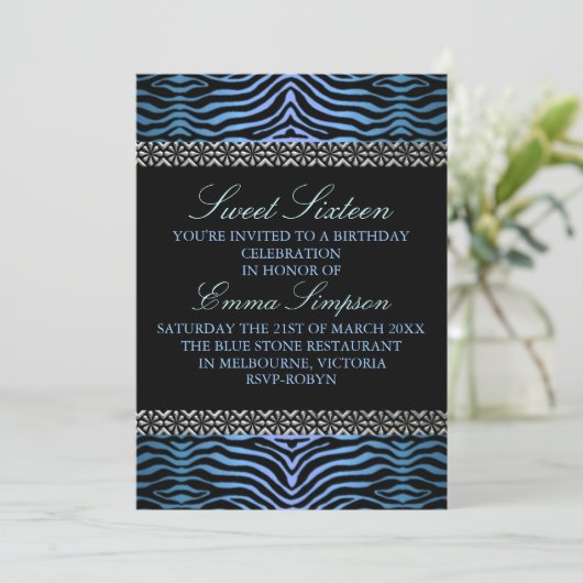 Moderne Blauwe Zebra Print Sweet16 Verjaardag uitn Kaart (Staand voorkant)