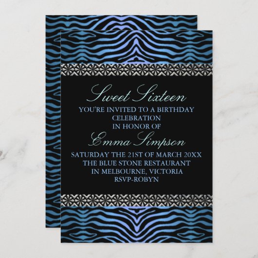 Moderne Blauwe Zebra Print Sweet16 Verjaardag uitn Kaart (Voorkant / Achterkant)