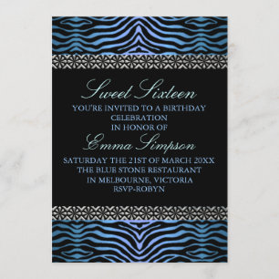 Moderne Blauwe Zebra Print Sweet16 Verjaardag uitn Kaart