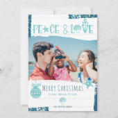 Moderne blauwe zeeliefde kerstfoto strand feestdagenkaart (Voorkant)