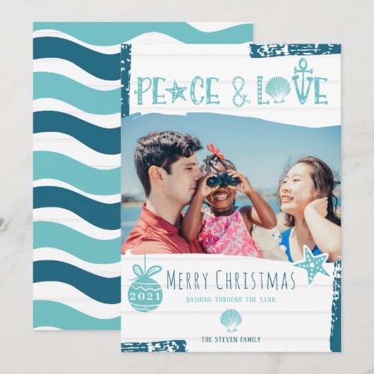 Moderne blauwe zeeliefde kerstfoto strand feestdagenkaart (Voorkant / Achterkant)