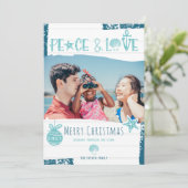 Moderne blauwe zeeliefde kerstfoto strand feestdagenkaart (Staand voorkant)