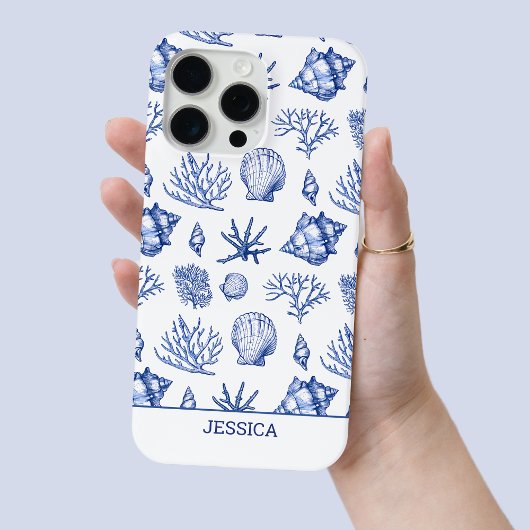 Moderne Blauwe Zeeschelp Aangepaste Naam Kuststran Case-Mate iPhone Case