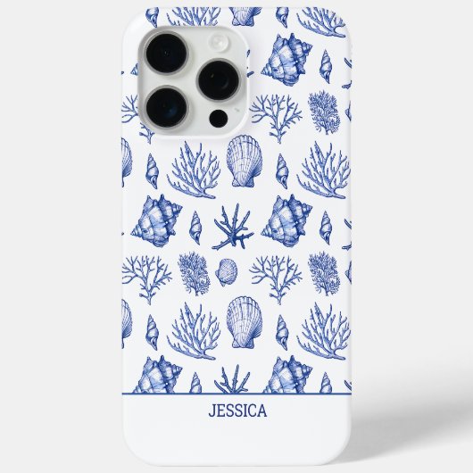 Moderne Blauwe Zeeschelp Aangepaste Naam Kuststran Case-Mate iPhone Case (Achterkant)