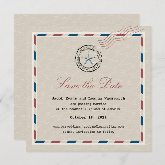 Moderne Blauwe Zeester Oude Luchtpost Save the Dat Save The Date (Voorkant / Achterkant)