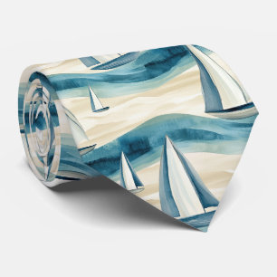 Moderne Blauwe Zeilboot Oceaan Golf Patroon Stropdas