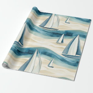 Moderne Blauwe Zeilboot Oceaan Golfpatroon Cadeaupapier