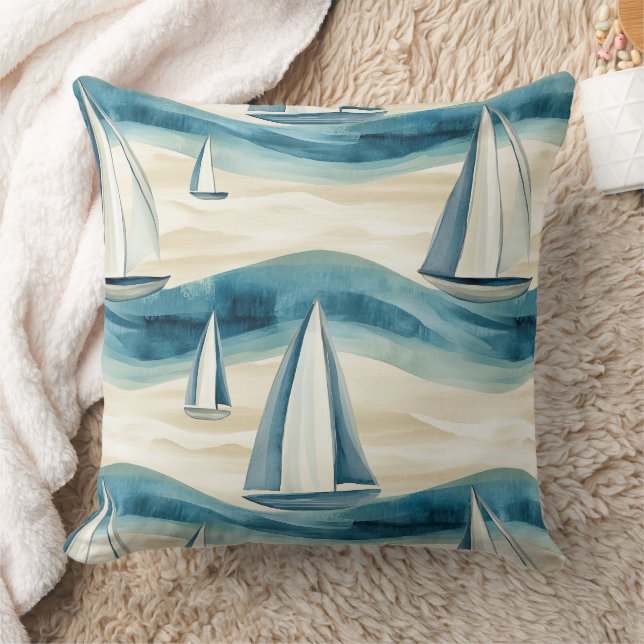 Moderne Blauwe Zeilboot Oceaan Golfpatroon Kussen (Deken)