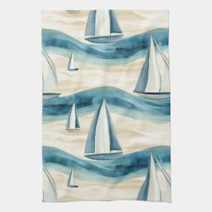 Moderne Blauwe Zeilboot Oceaan Golfpatroon Theedoek
