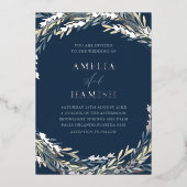 Moderne Blauwe & Zilveren Botanische Bruiloft Folie Uitnodiging (Voorkant)