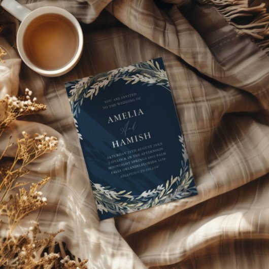 Moderne Blauwe & Zilveren Botanische Bruiloft Folie Uitnodiging