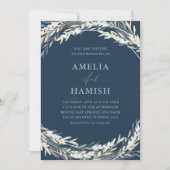 Moderne Blauwe & Zilveren Botanische Bruiloft Kaart (Voorkant)