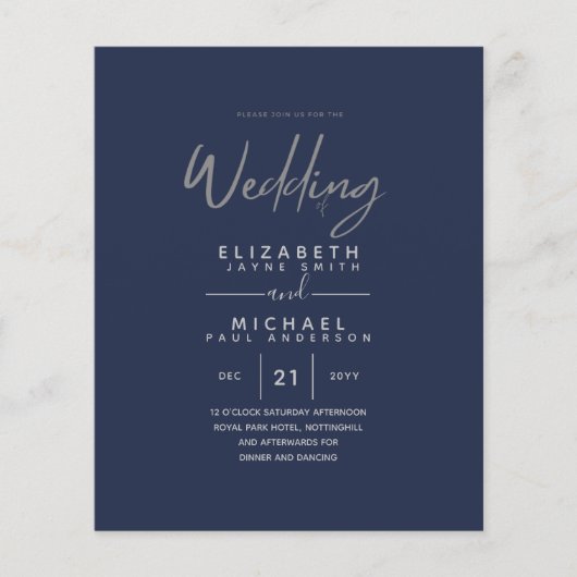 Moderne blauwe zilveren budget bruiloft uitnodigin (Voorkant)