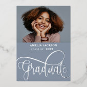 Moderne Blauwe & Zilveren Fotocollage Afstuderen Folie Uitnodiging (Voorkant)