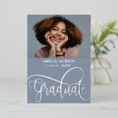 Moderne Blauwe & Zilveren Fotocollage Afstuderen Folie Uitnodiging (Staand Voorkant)