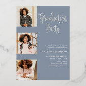 Moderne Blauwe & Zilveren Fotocollage Afstuderen Folie Uitnodiging (Achterkant)