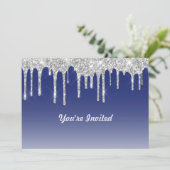 Moderne Blauwe Zilveren Glitter Drips Verjaardag Kaart (Staand voorkant)