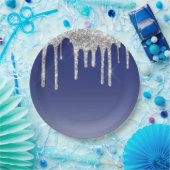 Moderne, blauwe, zilveren glitterschijven papieren bordje (Feest)