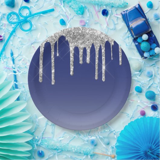 Moderne, blauwe, zilveren glitterschijven papieren bordje (Feest)