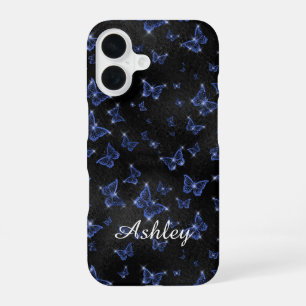 Moderne Blauwe Zilveren Script Naam Vlinders iPhone 16 Hoesje
