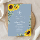 Moderne Blauwe Zonnebloemen Eerste Heilige Communi Kaart