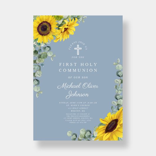 Moderne Blauwe Zonnebloemen Eerste Heilige Communi Kaart