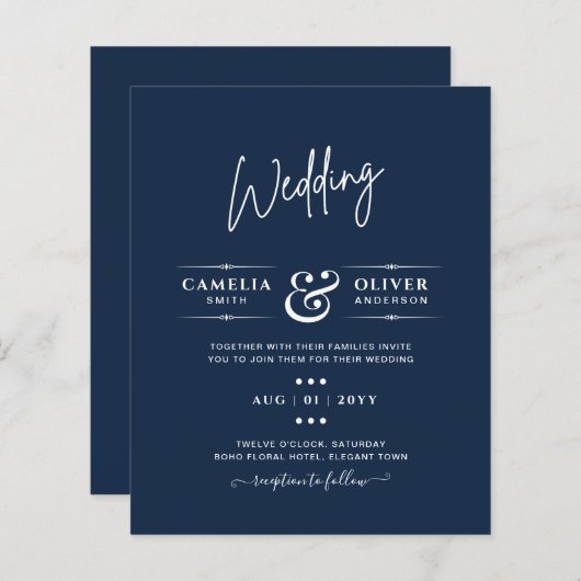 Moderne blauwe zwart-wit tekst alleen bruiloft (Voorkant / Achterkant)