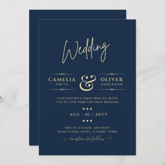 Moderne blauwe zwart-wit tekst alleen bruiloft kaart (Voorkant / Achterkant)