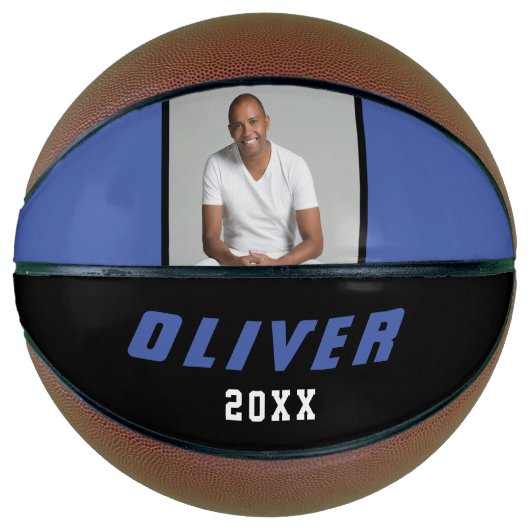 Moderne blauwe zwarte aangepaste naam Tekst foto Basketbal (Voorkant)