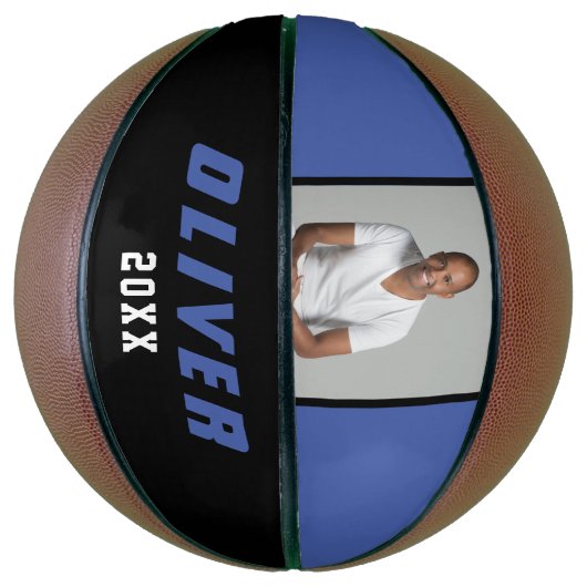 Moderne blauwe zwarte aangepaste naam Tekst foto Basketbal (Verticaal)