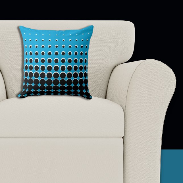 Moderne Blauwe & Zwarte Halftone Stippen Kussen (Pillow, Blue and Black Halftone Pattern)