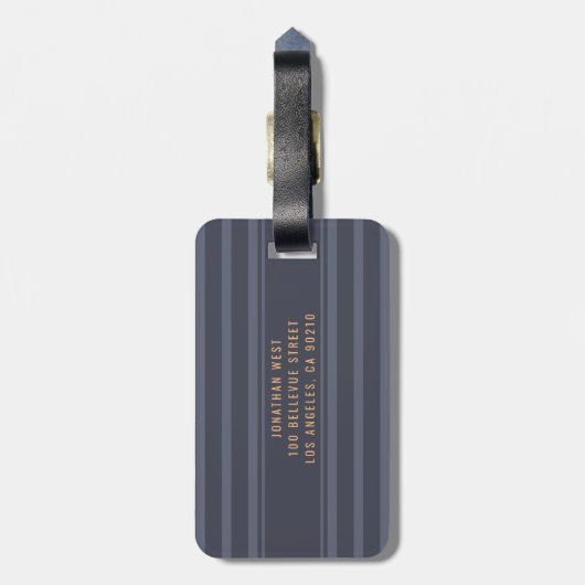 Moderne blauwgrijze gestreepte aangepaste naam bagagelabel (Achterkant verticaal)