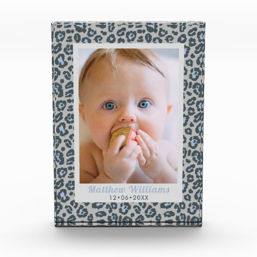 Moderne blauwgrijze luipaardprint babyfoto fotoblokken (Voorkant)