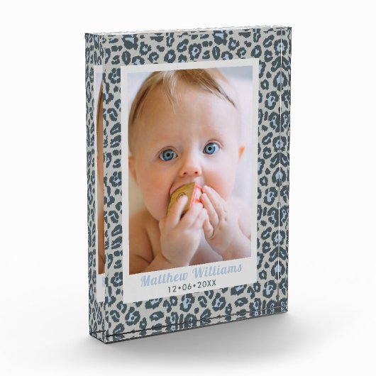 Moderne blauwgrijze luipaardprint babyfoto fotoblokken (Links)