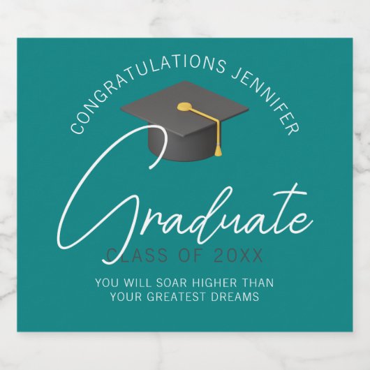 Moderne Blauwgroen Afstuderen aangepaste afstudeer Sparkling Wijnetiket (Enkel label)