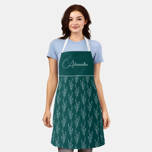 Moderne Blauwgroen afy Floral Script Persoonlijk S Schort (Gedragen)