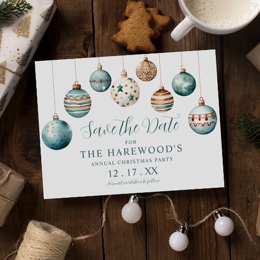 Moderne Blauwgroen Bauble kerstfeest Save the Date Aankondigingskaart
