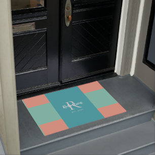Moderne Blauwgroen, Blauw, en Roze Monogrammed Deurmat