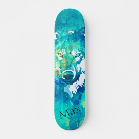 Moderne blauwgroen blauw groene waterverf wolf persoonlijk skateboard (Voorkant)