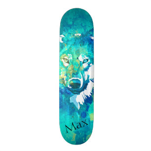 Moderne blauwgroen blauw groene waterverf wolf persoonlijk skateboard