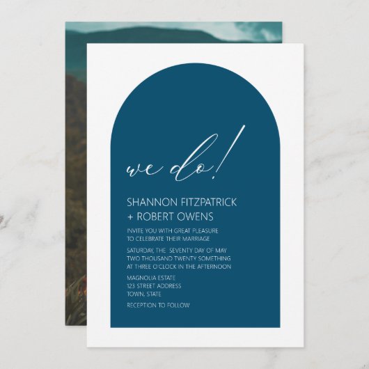 Moderne Blauwgroen blauwe Arch Fotouitnodiging Kaart (Voorkant / Achterkant)